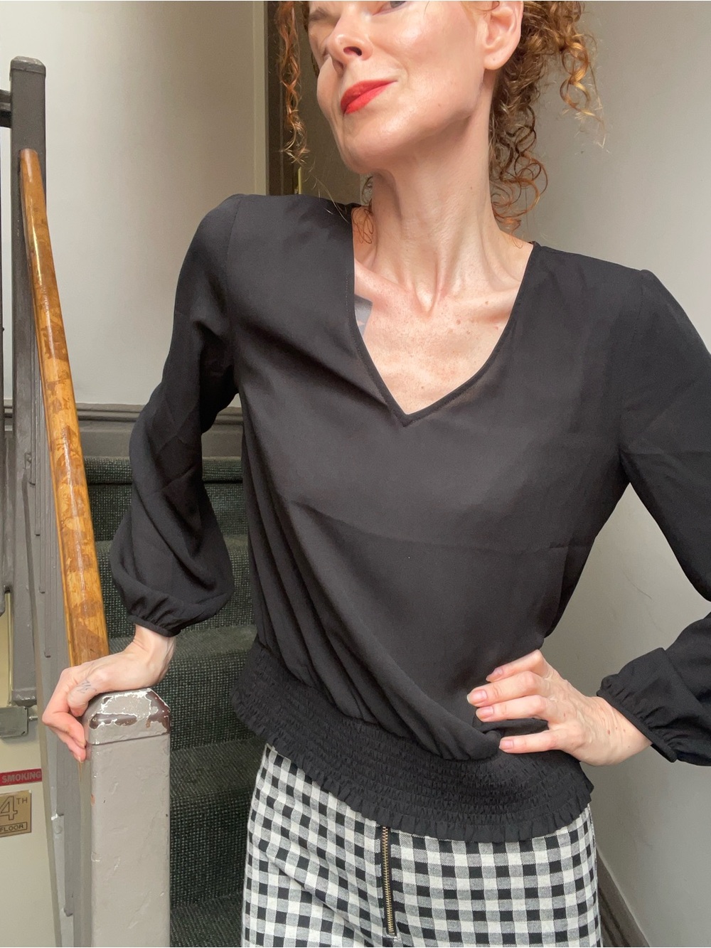 STATE Black V-Neck Long Sleeve Blouse